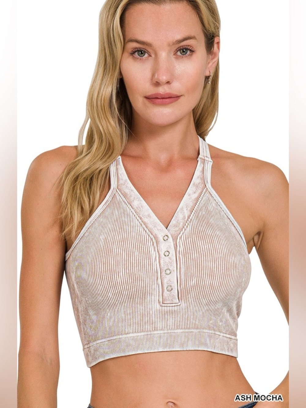 Zenana Washed Ribbed Seamless Button V-Neck Tank Top Ash Mocha Basic Tank🛍️